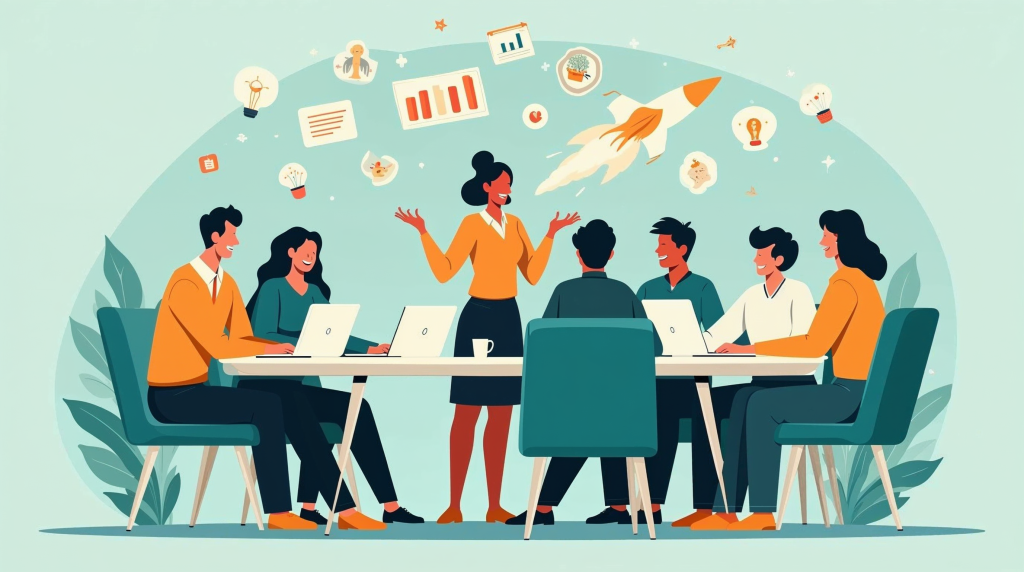 Mastermind program hero illustration - woman at desk with books and laptop